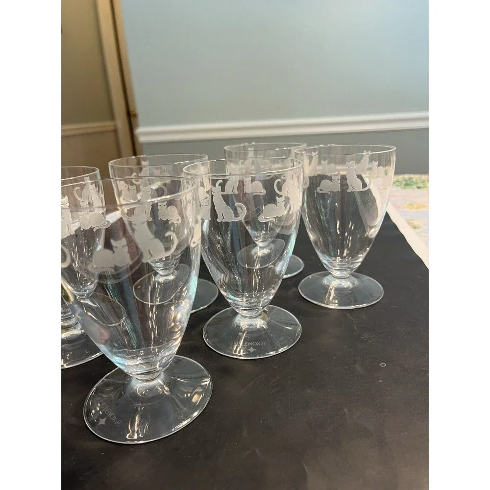 6pc Lenox Crystal Clear Etched Frosted Kitten Cat Dessert Water Footed Glasses